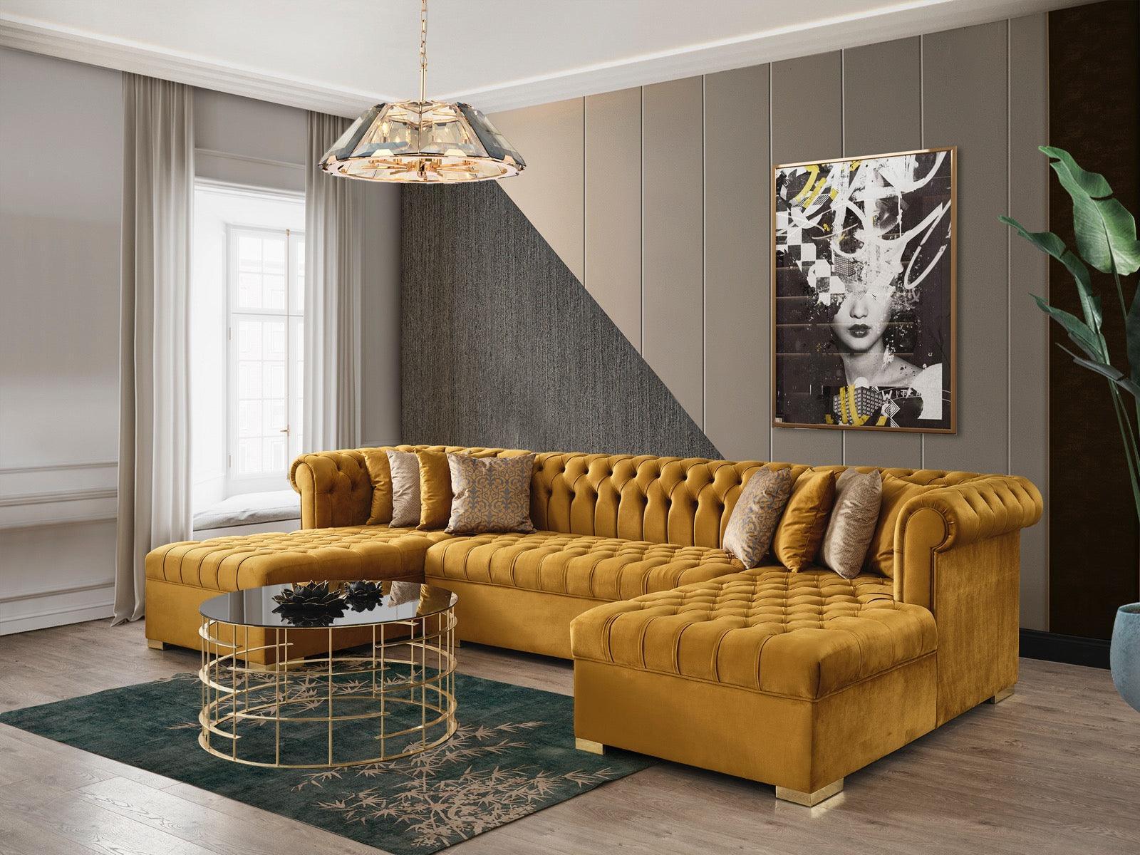 Emma Mustard Velvet Double Chaise Sectional - Ella Furniture