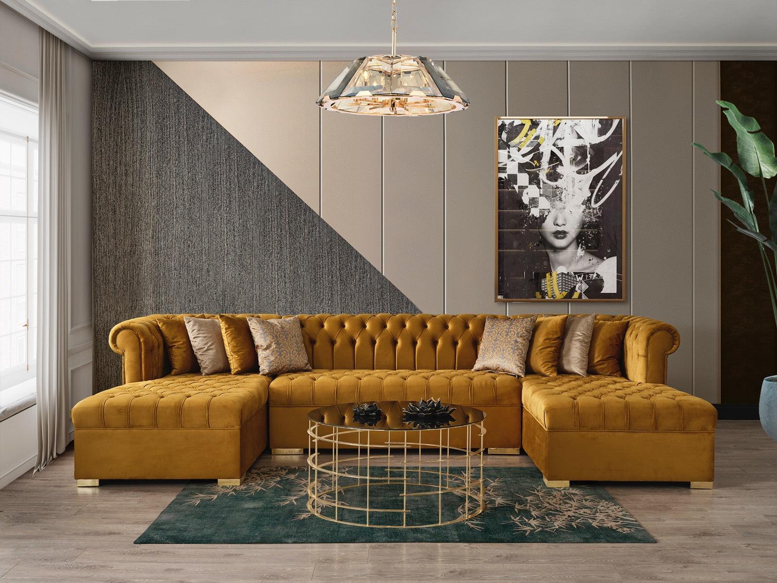Emma Mustard Velvet Double Chaise Sectional - Ella Furniture
