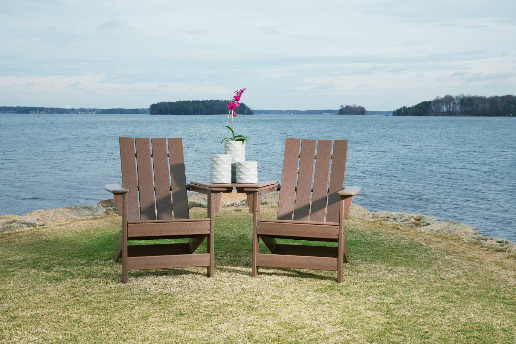 Emmeline Brown 2 Adirondack Chairs with Tete-A-Tete Table Connector - Ella Furniture