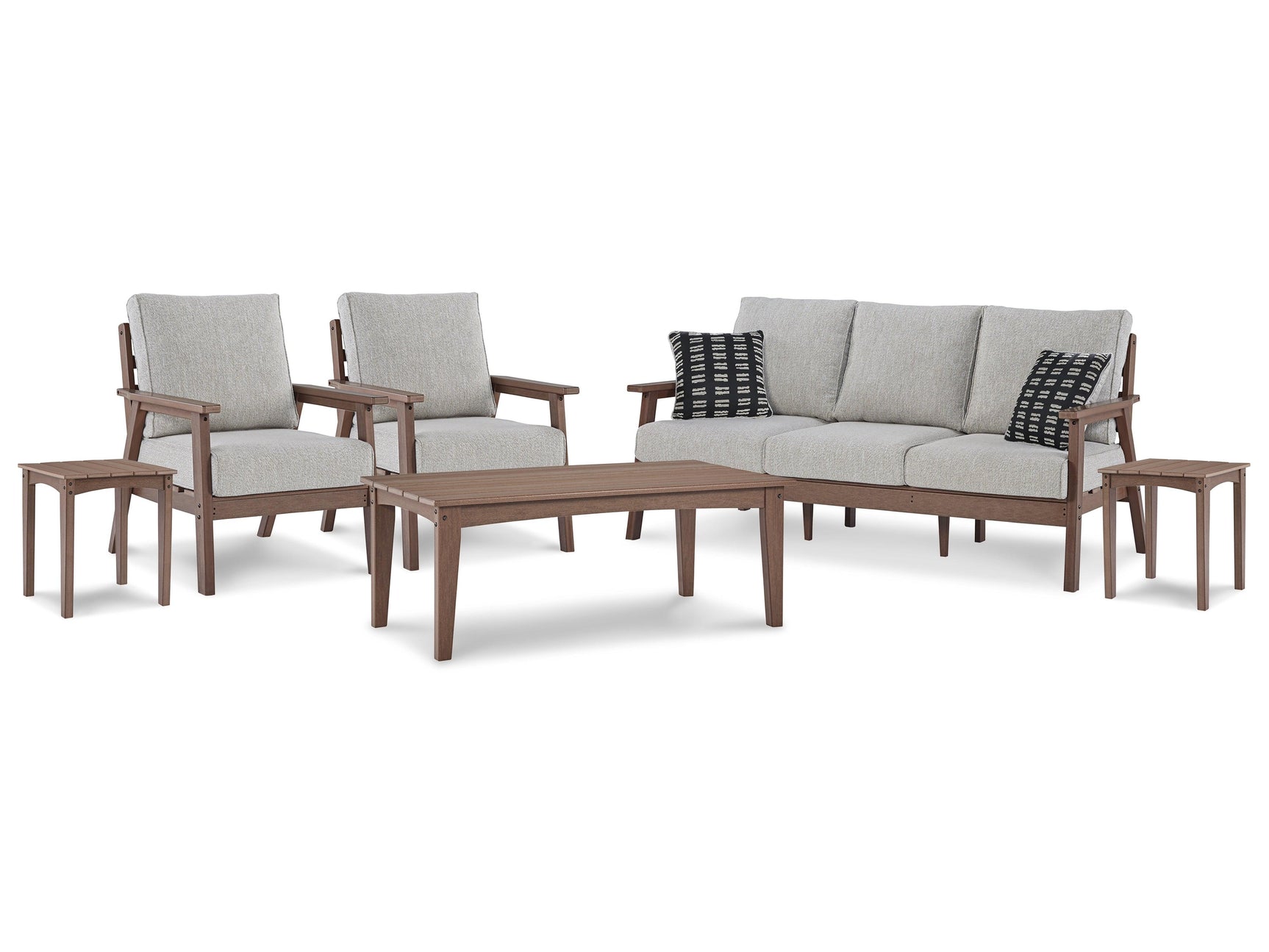 Emmeline Brown/beige Outdoor Sofa And 2 Lounge Chairs With Coffee Table And 2 End Tables - Ella Furniture