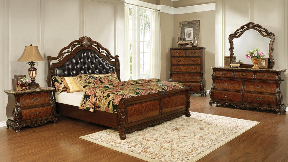 Exeter Dark Burl Tufted Upholstered Sleigh Bedroom Set - Ella Furniture