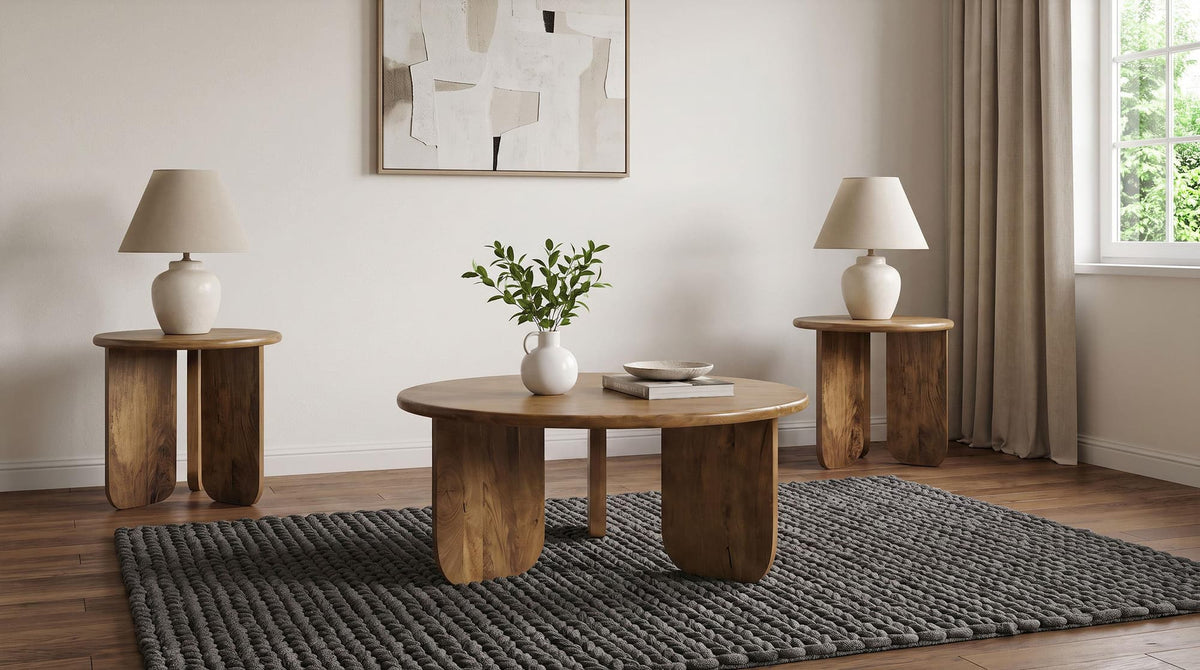 Dale 3-Piece Round Mango Wood Coffee and End Table Set Honey Mango — product image 2