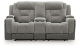 Mixed Motion Shadow Chenille / Faux Leather Power Reclining Loveseat with Console — front view