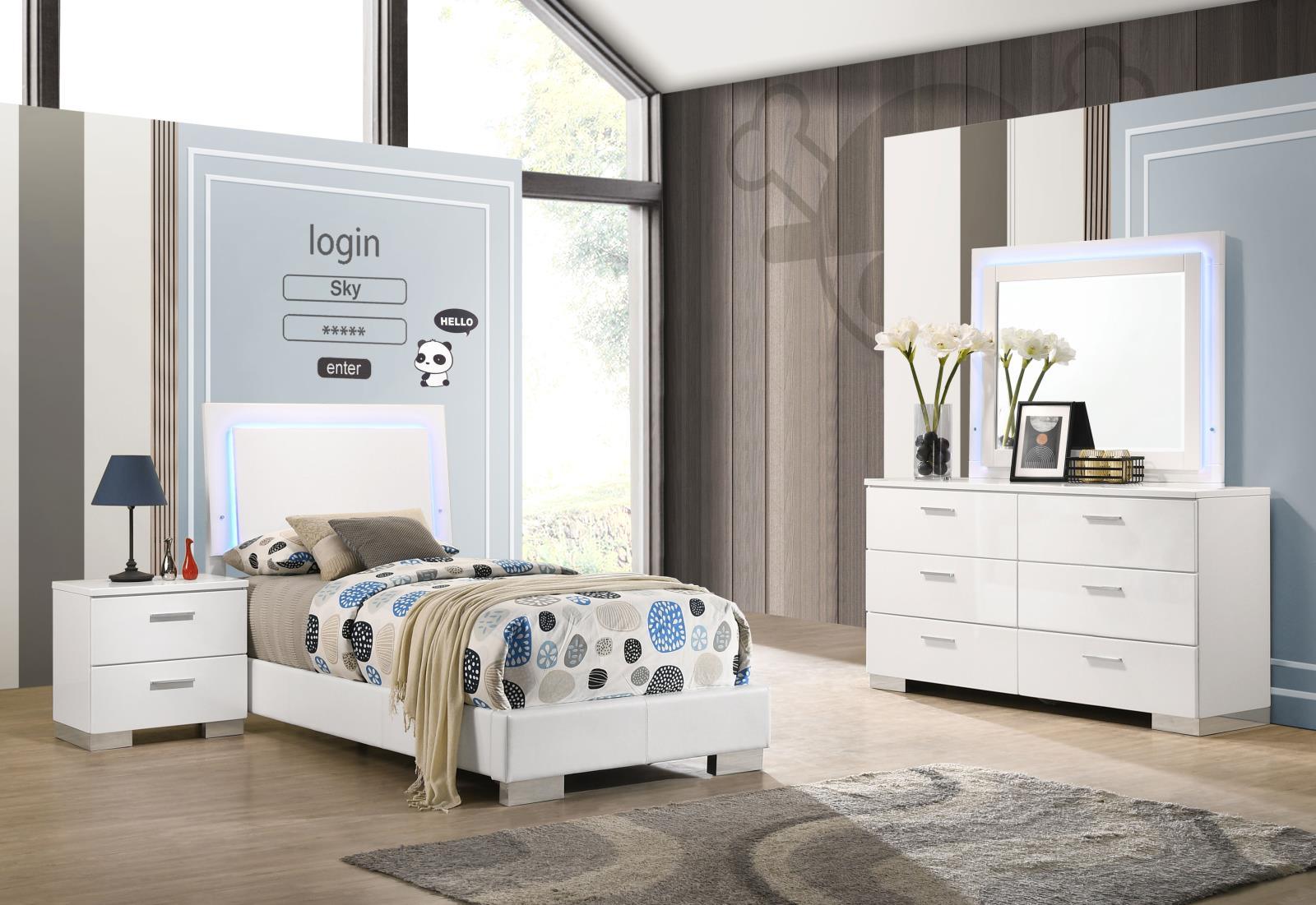 Felicity Collection Felicity 4-Piece Twin Bedroom Set With LED Headboard And Mirror Glossy White 203500T-s4l - Ella Furniture