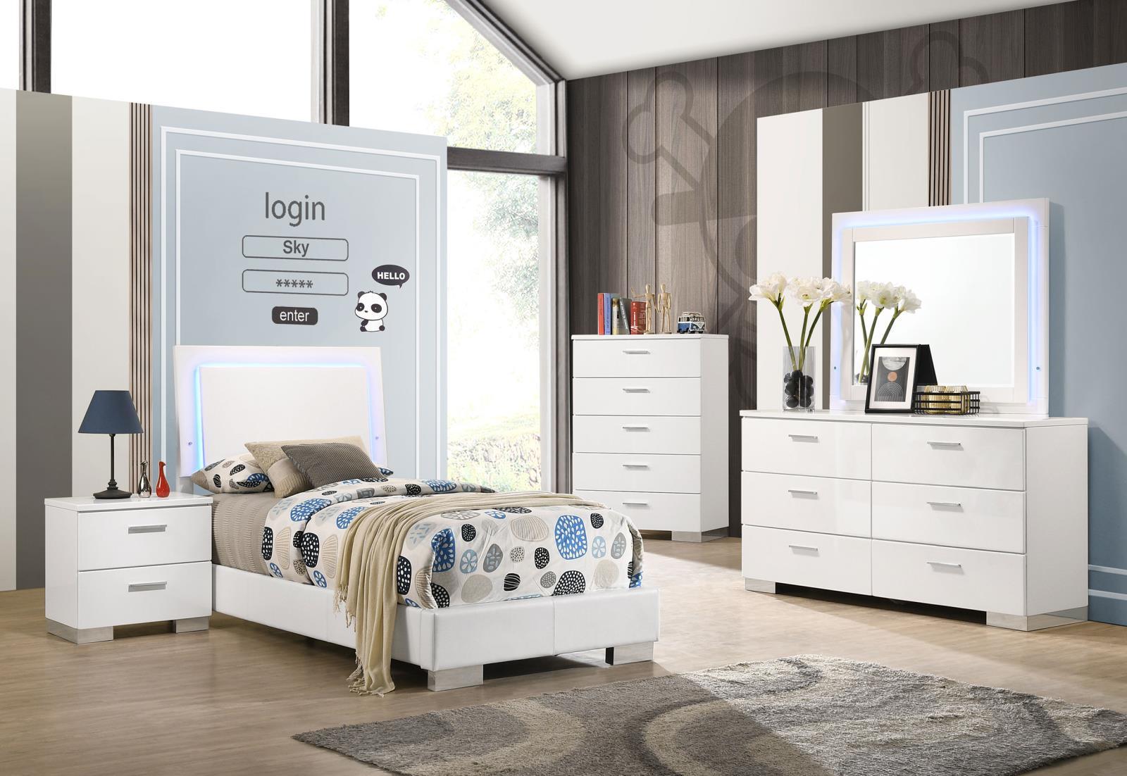 Felicity Collection Felicity 5-Piece Twin Bedroom Set With LED Headboard And Mirror Glossy White 203500T-s5l - Ella Furniture