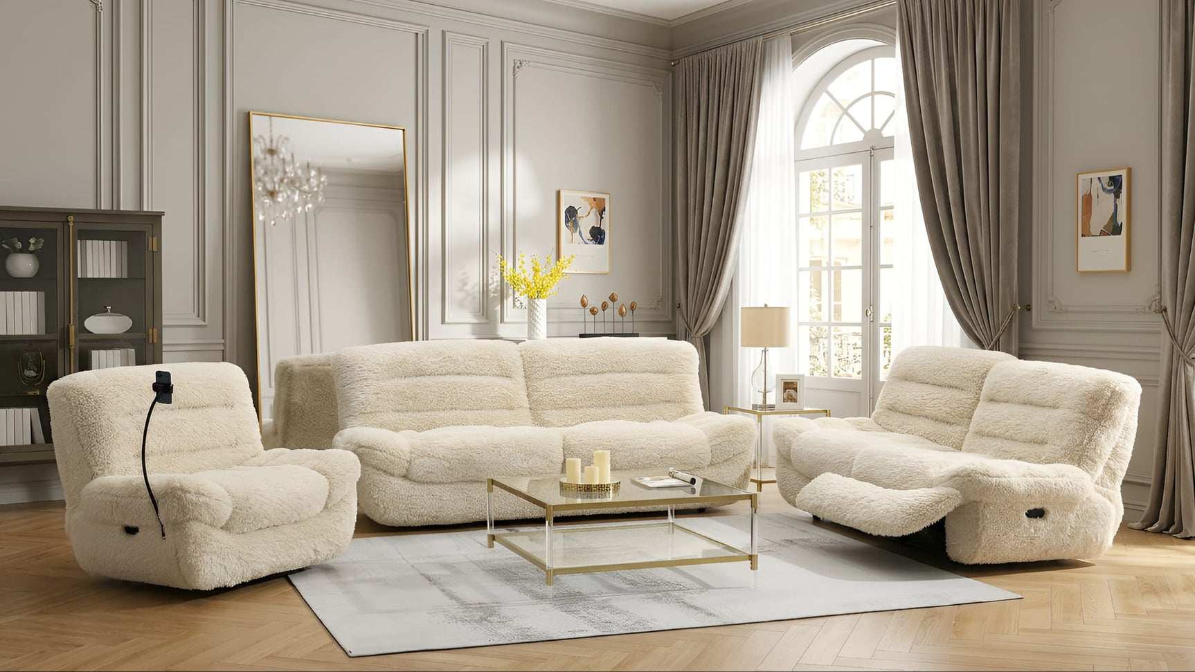 Ferland Beige Faux-Fur Reclining Sofa, Loveseat, and Recliner Set from Ella Furniture