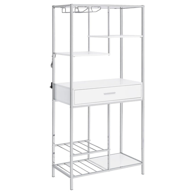 Figueroa 5-Shelf Wine Cabinet With Storage Drawer White High Gloss And Chrome 182034 - Ella Furniture