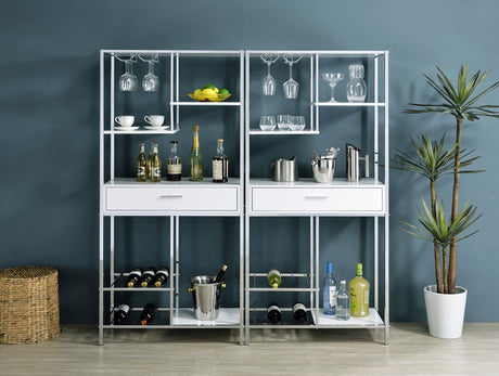 Figueroa 5-Shelf Wine Cabinet With Storage Drawer White High Gloss And Chrome 182034 - Ella Furniture