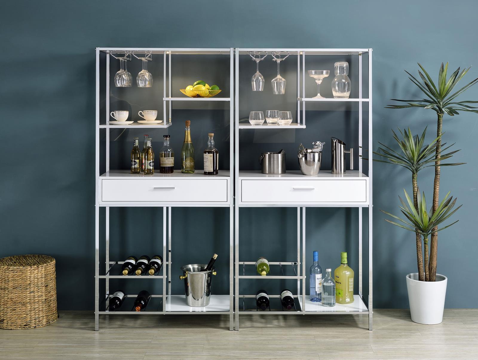 Figueroa 5-Shelf Wine Cabinet With Storage Drawer White High Gloss And Chrome 182034 - Ella Furniture