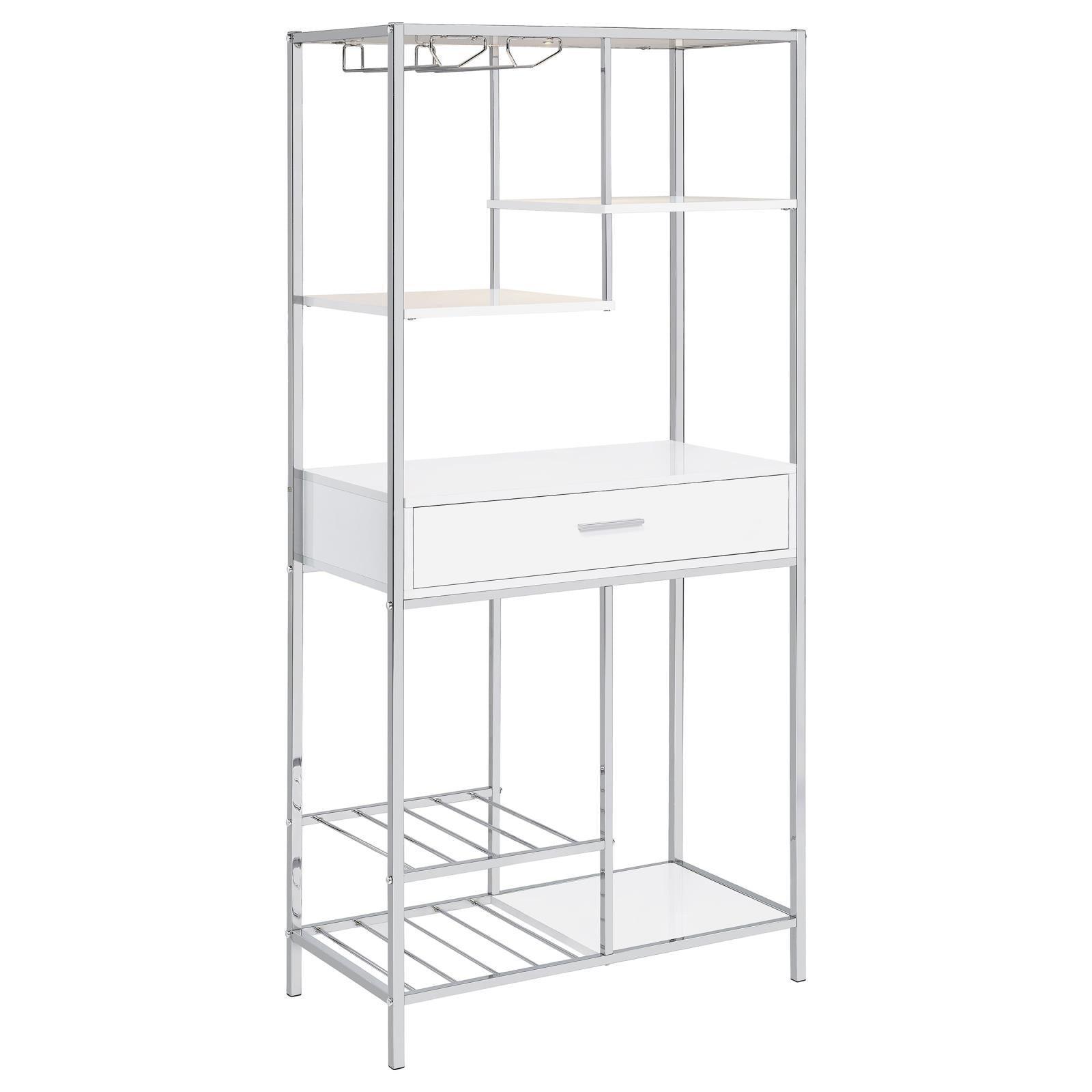 Figueroa 5-Shelf Wine Cabinet With Storage Drawer White High Gloss And Chrome 182034 - Ella Furniture