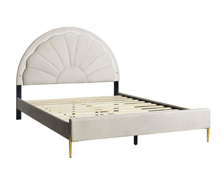 Flora Beige Modern Contemporary Solid Wood And Metal Velvet Upholstered LED Platform Queen Bed - Ella Furniture