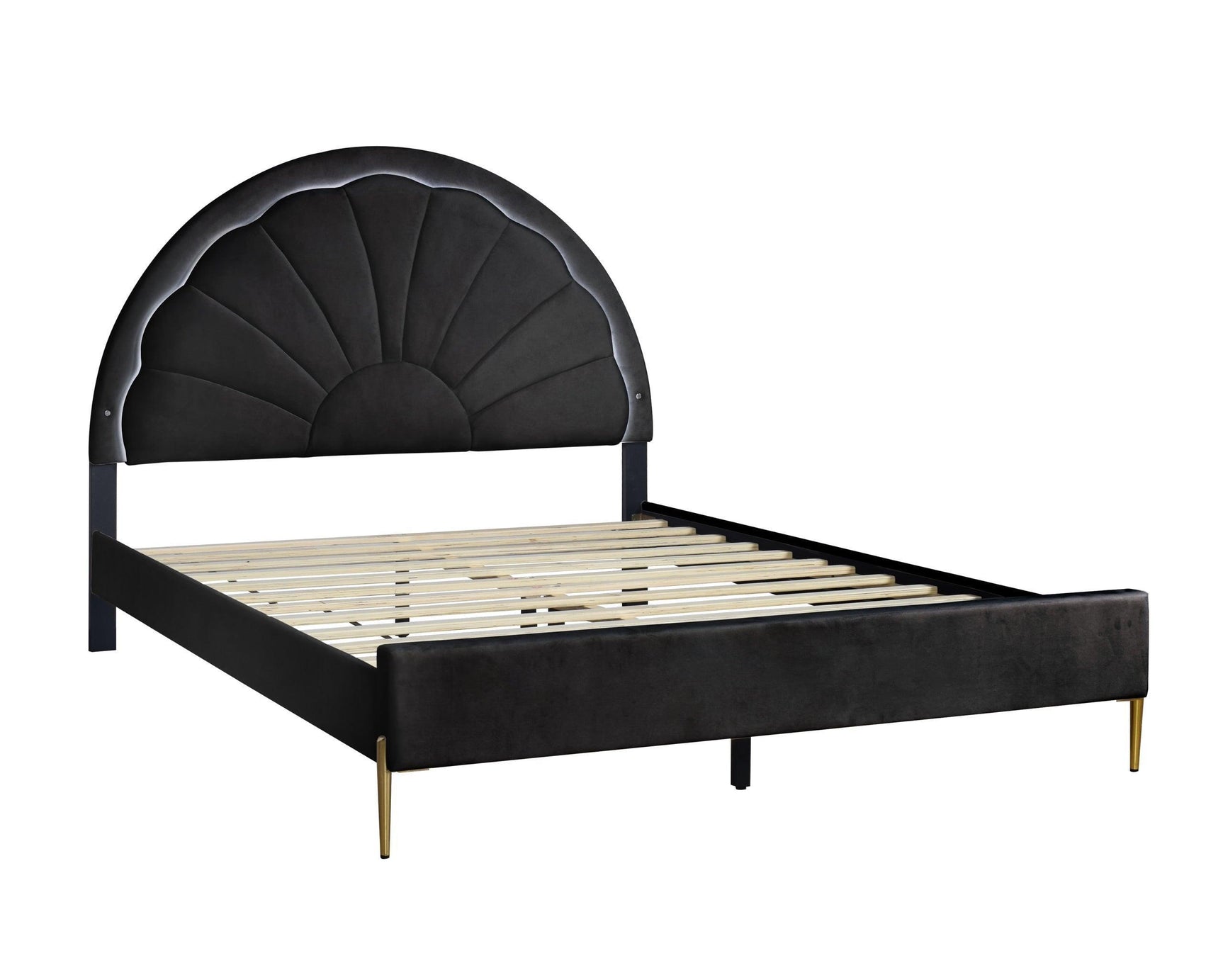 Flora Black Modern Contemporary Solid Wood And Metal Velvet Upholstered LED Platform Queen Bed - Ella Furniture