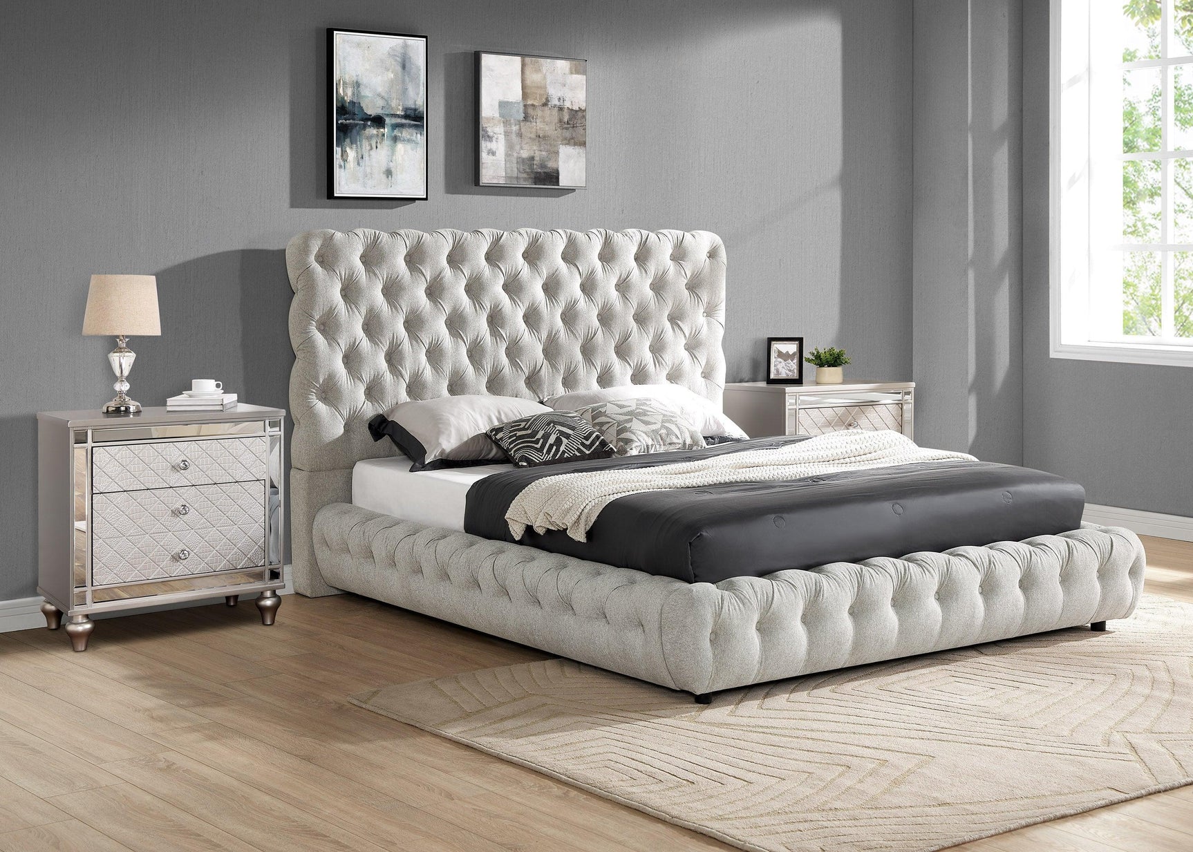 Flory Dove Gray Modern Solid Wood Velvet Upholstered Tufted King Bed - Ella Furniture