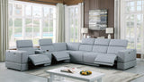 Franco 7-Piece Light Blue Italian Leather Match Power Reclining Sectional with 3 Power Seats and Storage Console from Ella Furniture