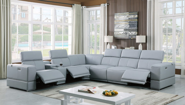 Franco 7-Piece Light Blue Italian Leather Match Power Reclining Sectional with 3 Power Seats and Storage Console from Ella Furniture