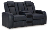 Fyne-dyme Sapphire Faux Leather Power Reclining Loveseat With Console - Ella Furniture