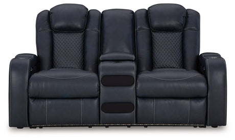 Fyne-dyme Sapphire Faux Leather Power Reclining Loveseat With Console - Ella Furniture