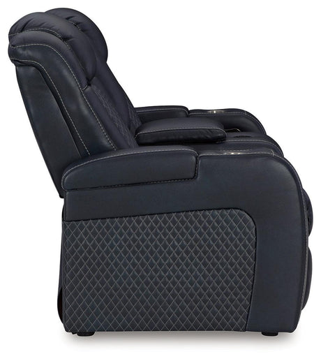 Fyne-dyme Sapphire Faux Leather Power Reclining Loveseat With Console - Ella Furniture