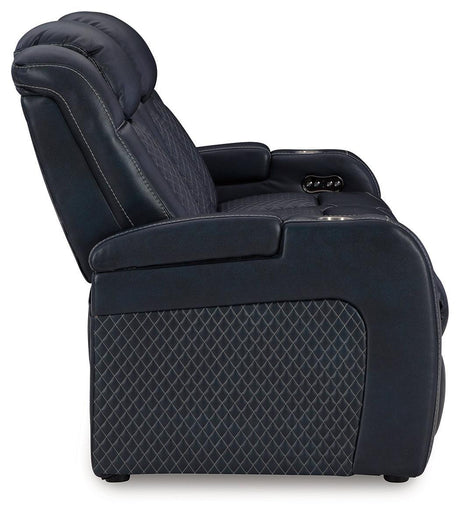 Fyne-dyme Sapphire Faux Leather Power Reclining Sofa - Ella Furniture
