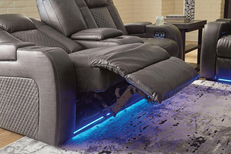 Fyne-dyme Shadow Faux Leather Power Reclining Loveseat With Console - Ella Furniture