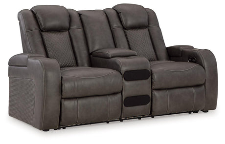 Fyne-dyme Shadow Faux Leather Power Reclining Loveseat With Console - Ella Furniture