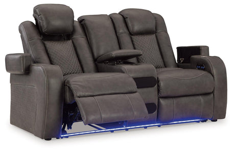 Fyne-dyme Shadow Faux Leather Power Reclining Loveseat With Console - Ella Furniture
