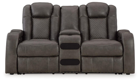Fyne-dyme Shadow Faux Leather Power Reclining Loveseat With Console - Ella Furniture