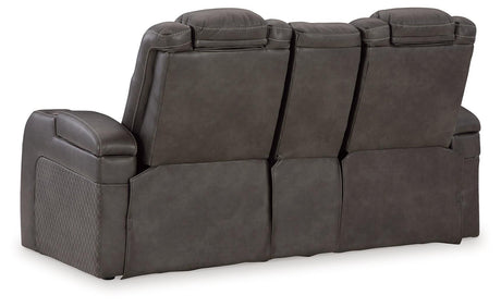 Fyne-dyme Shadow Faux Leather Power Reclining Loveseat With Console - Ella Furniture