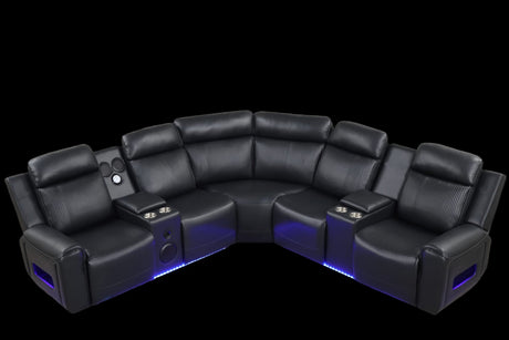 Galaxy Black Air Leather Reclining Sectional with Bluetooth Speakers and LED Lighting view 2