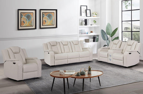 Galaxy Sand Modern Contemporary Faux Leather Metal LED Power Reclining Set - Ella Furniture