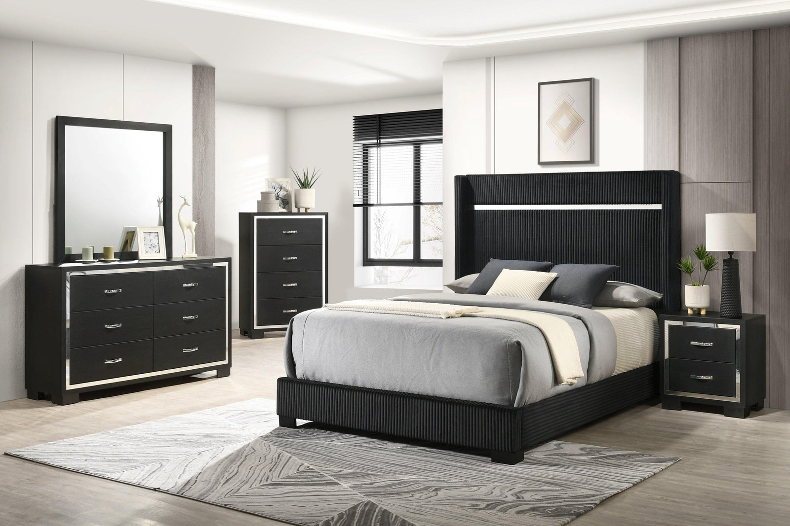 Gennro Black Modern Contemporary Solid Wood Velvet Upholstered Bedroom Set - Ella Furniture