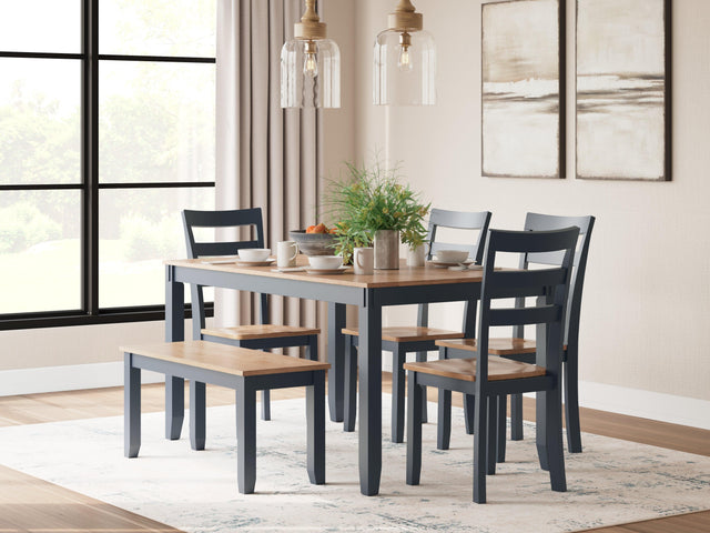 Gesthaven Natural/Blue Dining Table with 4 Chairs and Bench (Set of 6) - Ella Furniture