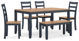 Gesthaven Natural/Blue Dining Table with 4 Chairs and Bench (Set of 6) - Ella Furniture