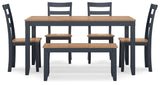 Gesthaven Natural/Blue Dining Table with 4 Chairs and Bench (Set of 6) - Ella Furniture