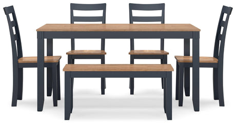 Gesthaven Natural/Blue Dining Table with 4 Chairs and Bench (Set of 6) - Ella Furniture