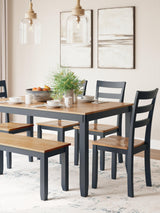 Gesthaven Natural/Blue Dining Table with 4 Chairs and Bench (Set of 6) - Ella Furniture