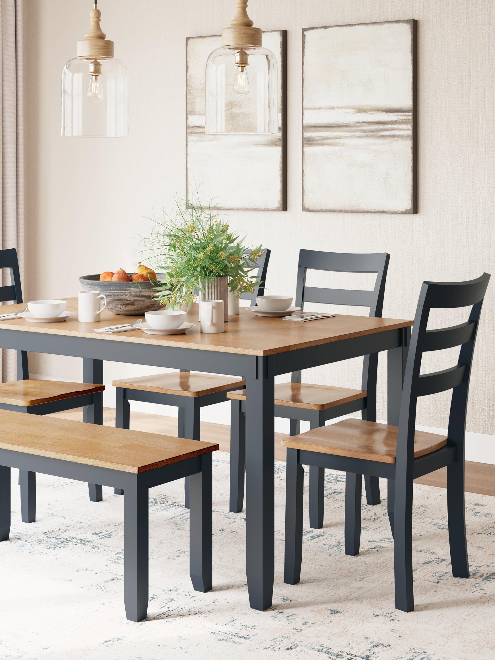 Gesthaven Natural/Blue Dining Table with 4 Chairs and Bench (Set of 6) - Ella Furniture