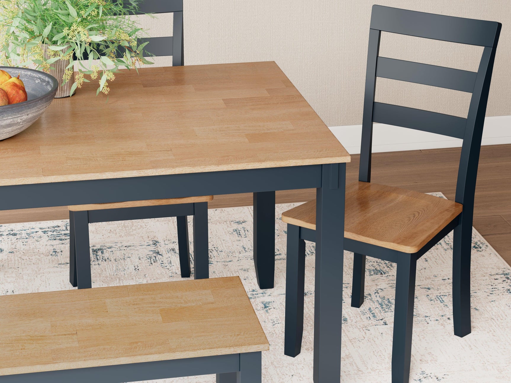 Gesthaven Natural/Blue Dining Table with 4 Chairs and Bench (Set of 6) - Ella Furniture