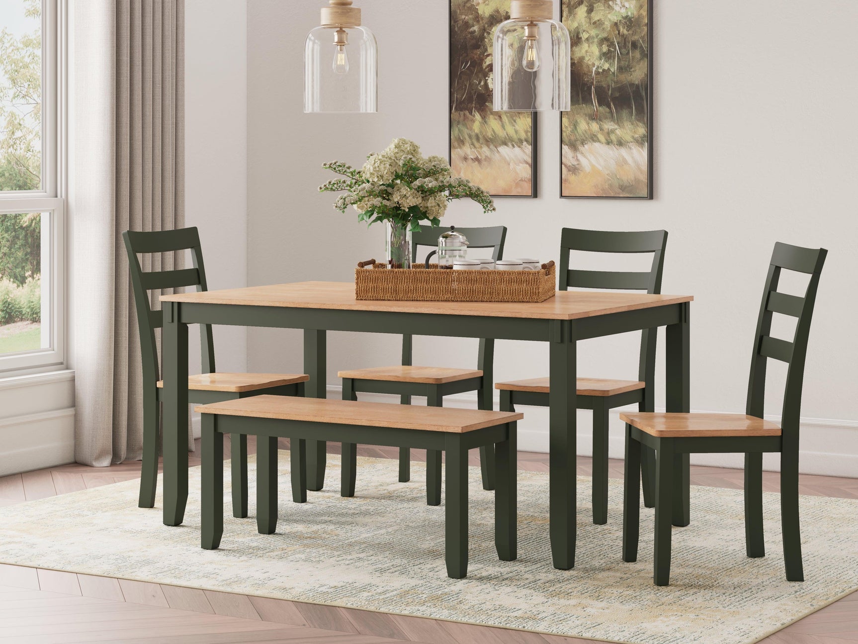 Gesthaven Natural/Green Dining Table with 4 Chairs and Bench (Set of 6) - Ella Furniture