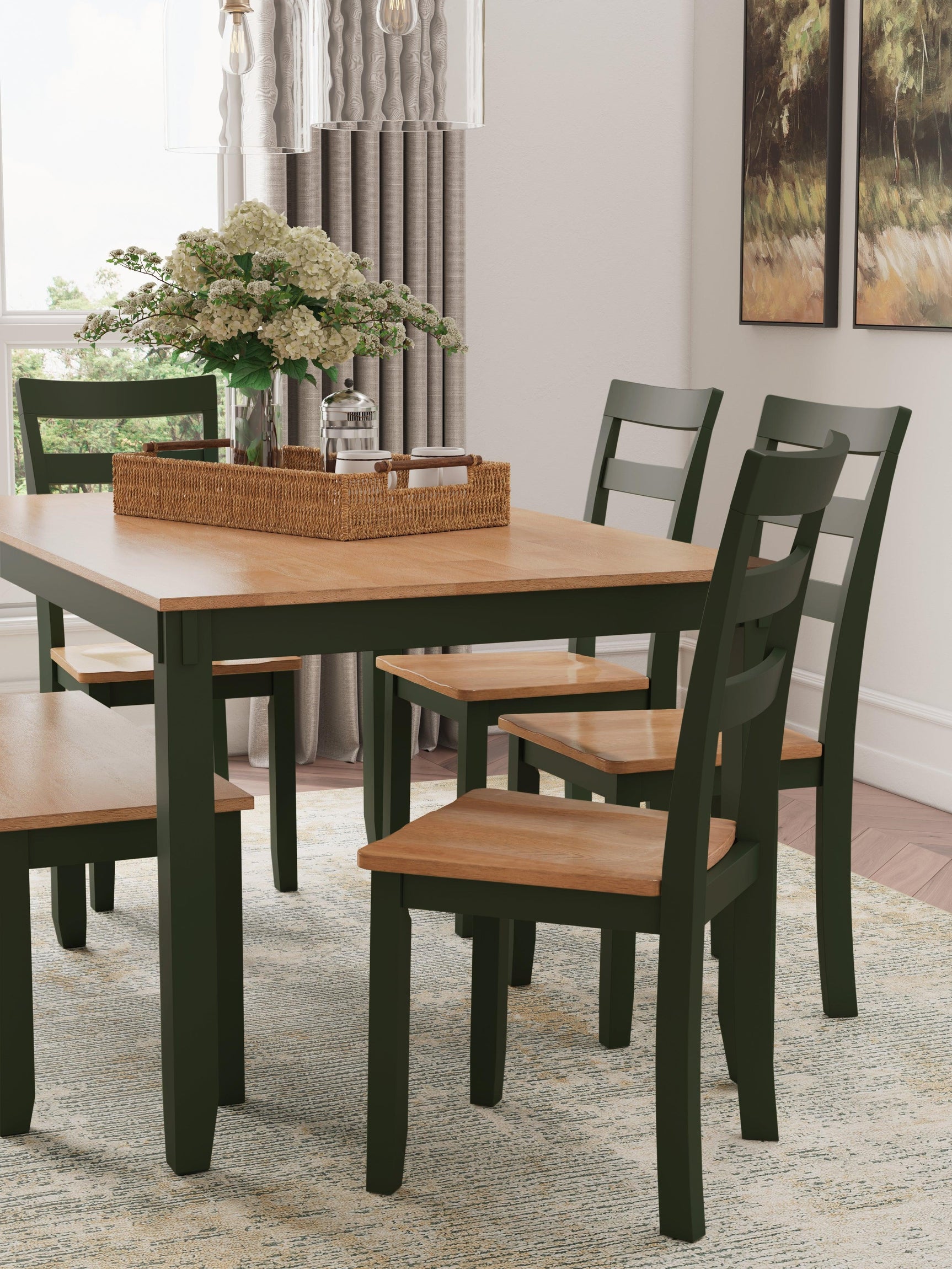 Gesthaven Natural/Green Dining Table with 4 Chairs and Bench (Set of 6) - Ella Furniture