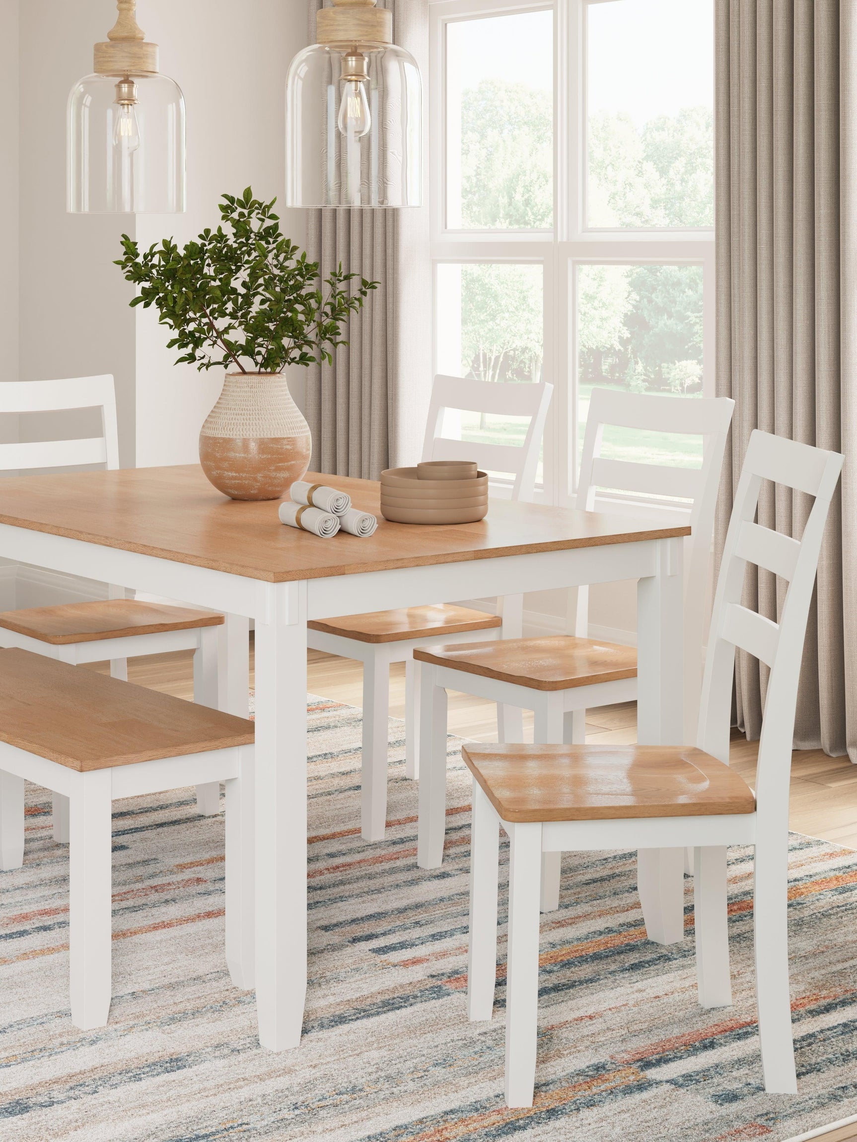 Gesthaven Natural/White Dining Table with 4 Chairs and Bench (Set of 6) - Ella Furniture
