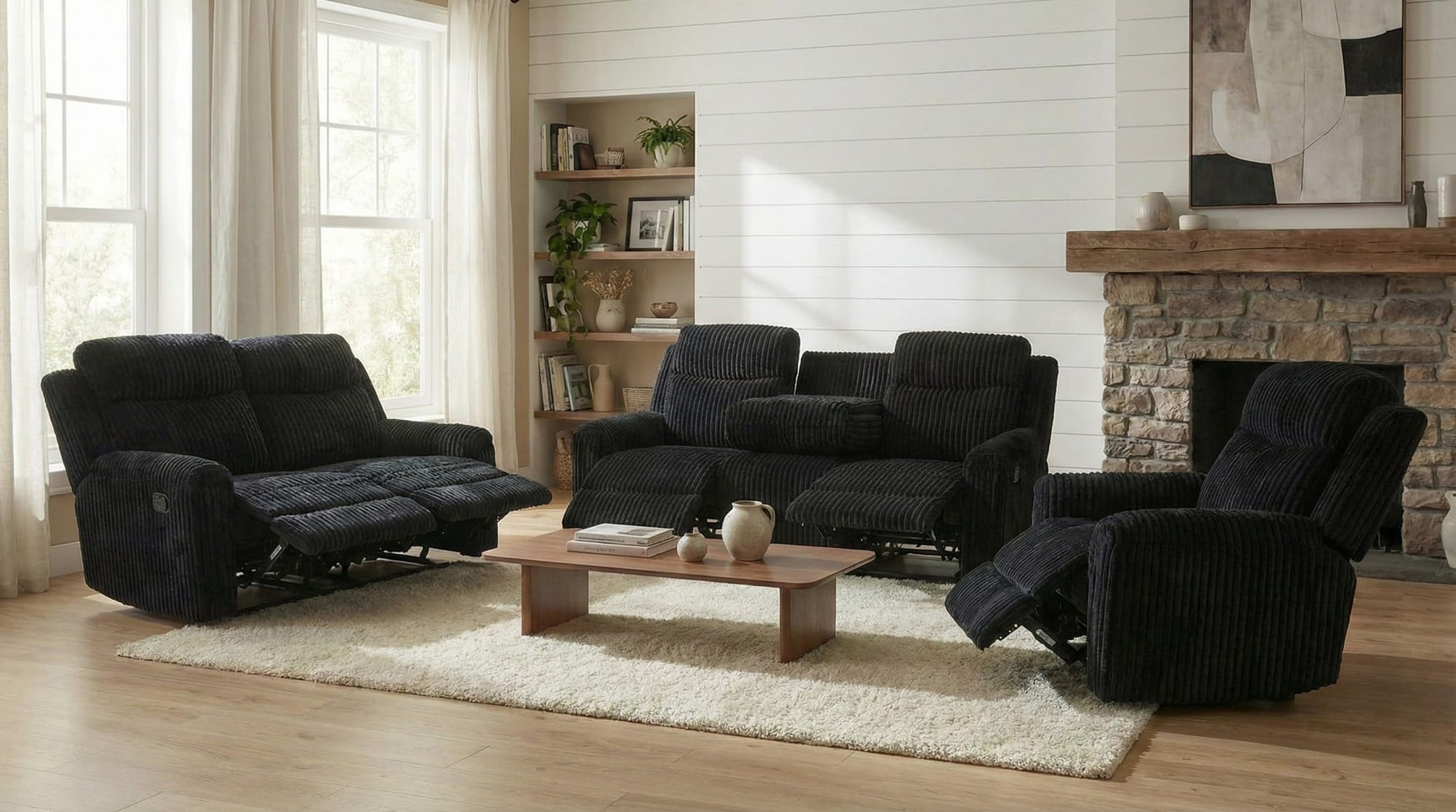 Grace Black Corduroy Reclining Sofa with Drop-Down Table, Loveseat, and Glider Recliner Set from Ella Furniture