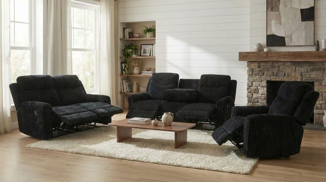 Grace Black Corduroy Reclining Sofa with Drop-Down Table, Loveseat, and Glider Recliner Set from Ella Furniture