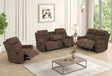Grace Brown Corduroy Reclining Sofa with Drop-Down Table, Loveseat, and Glider Recliner Set from Ella Furniture