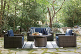 Grasson Brown/blue Lane Outdoor Loveseat And 2 Lounge Chairs With Fire Pit Table - Ella Furniture