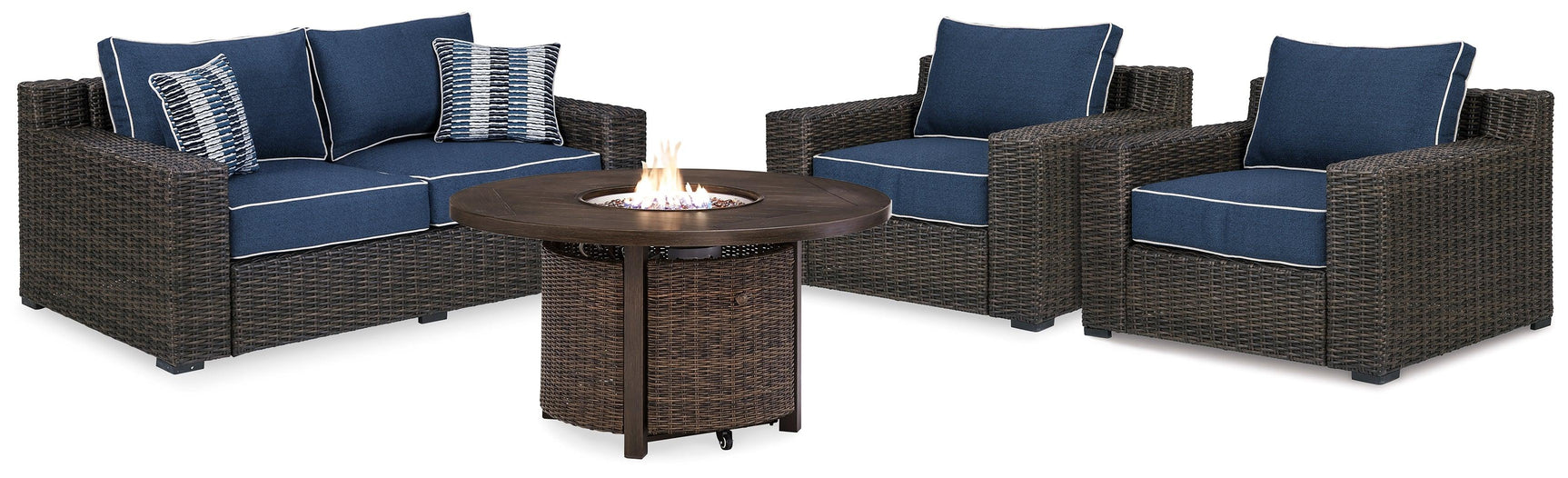 Grasson Brown/blue Lane Outdoor Loveseat And 2 Lounge Chairs With Fire Pit Table - Ella Furniture