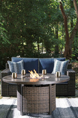 Grasson Brown/blue Lane Outdoor Loveseat With Fire Pit Table - Ella Furniture