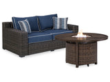 Grasson Brown/blue Lane Outdoor Loveseat With Fire Pit Table - Ella Furniture