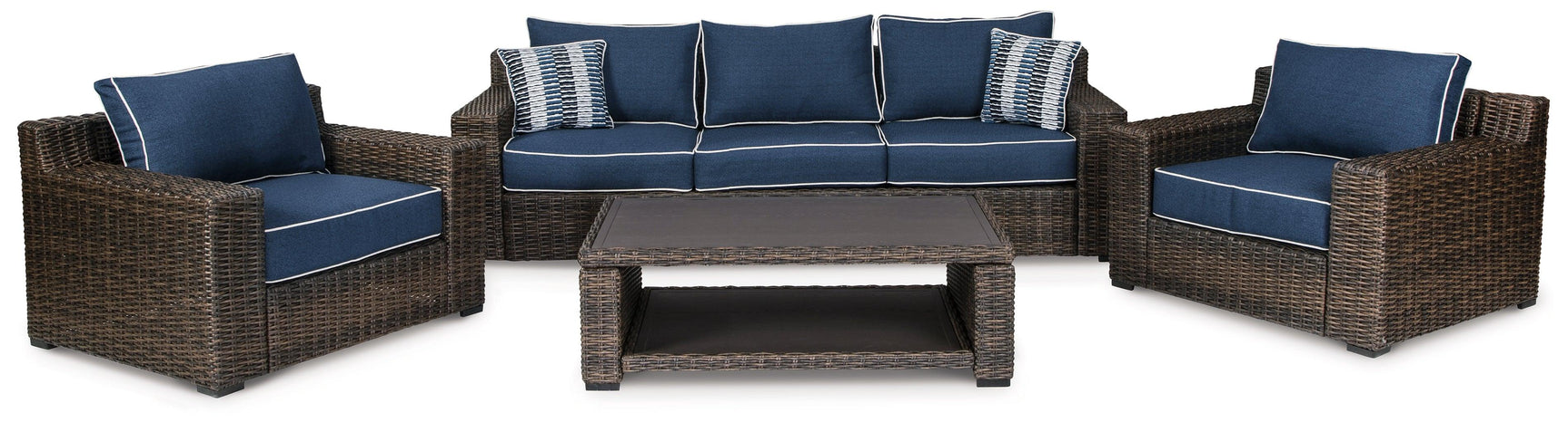 Grasson Brown/blue Lane Outdoor Sofa And 2 Chairs With Coffee Table - Ella Furniture