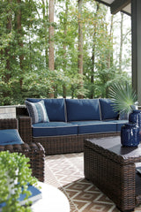 Grasson Brown/blue Lane Outdoor Sofa And Loveseat With Coffee Table - Ella Furniture